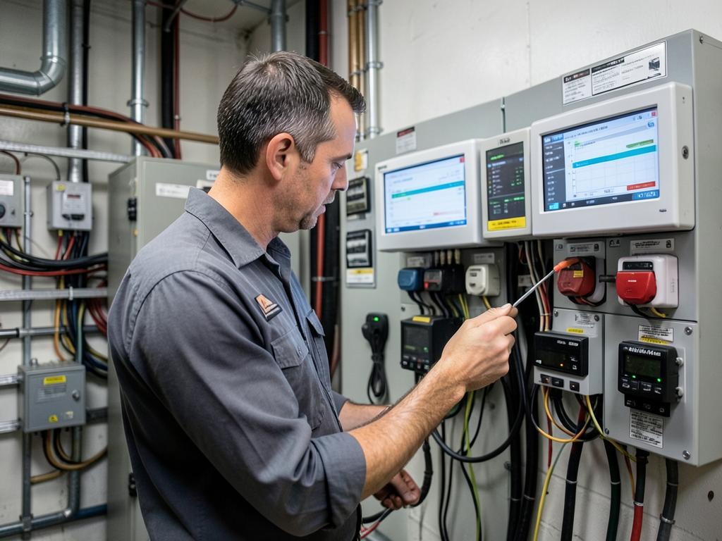 Tecnico che verifica contatori e misure di consumo in cabina elettrica