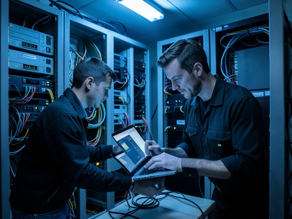 Tecnici che verificano la sicurezza dei sistemi informatici aziendali