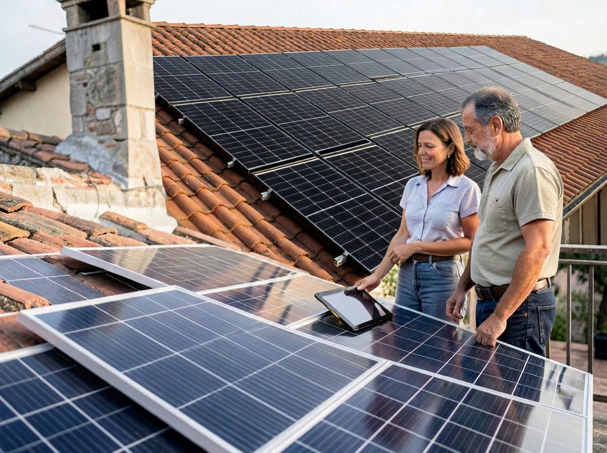Tecnico con tablet sul tetto di una casa mentre progetta l’impianto fotovoltaico insieme ai proprietari