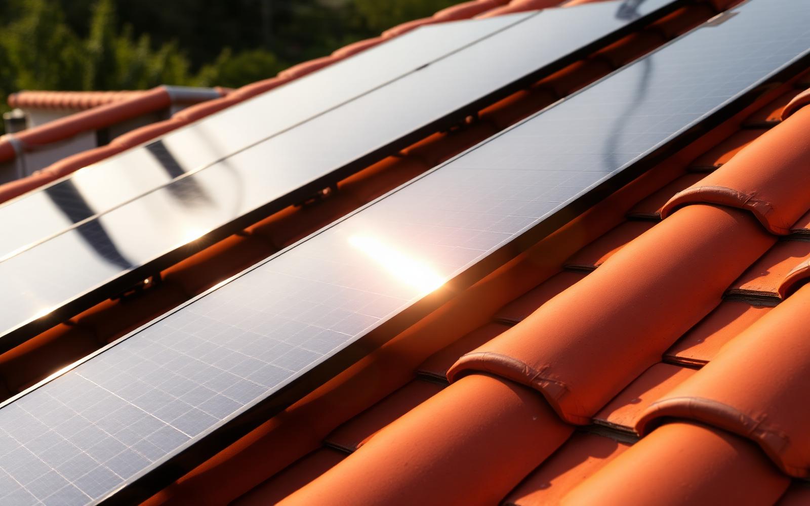 Moduli fotovoltaici installati su un tetto residenziale in tegole