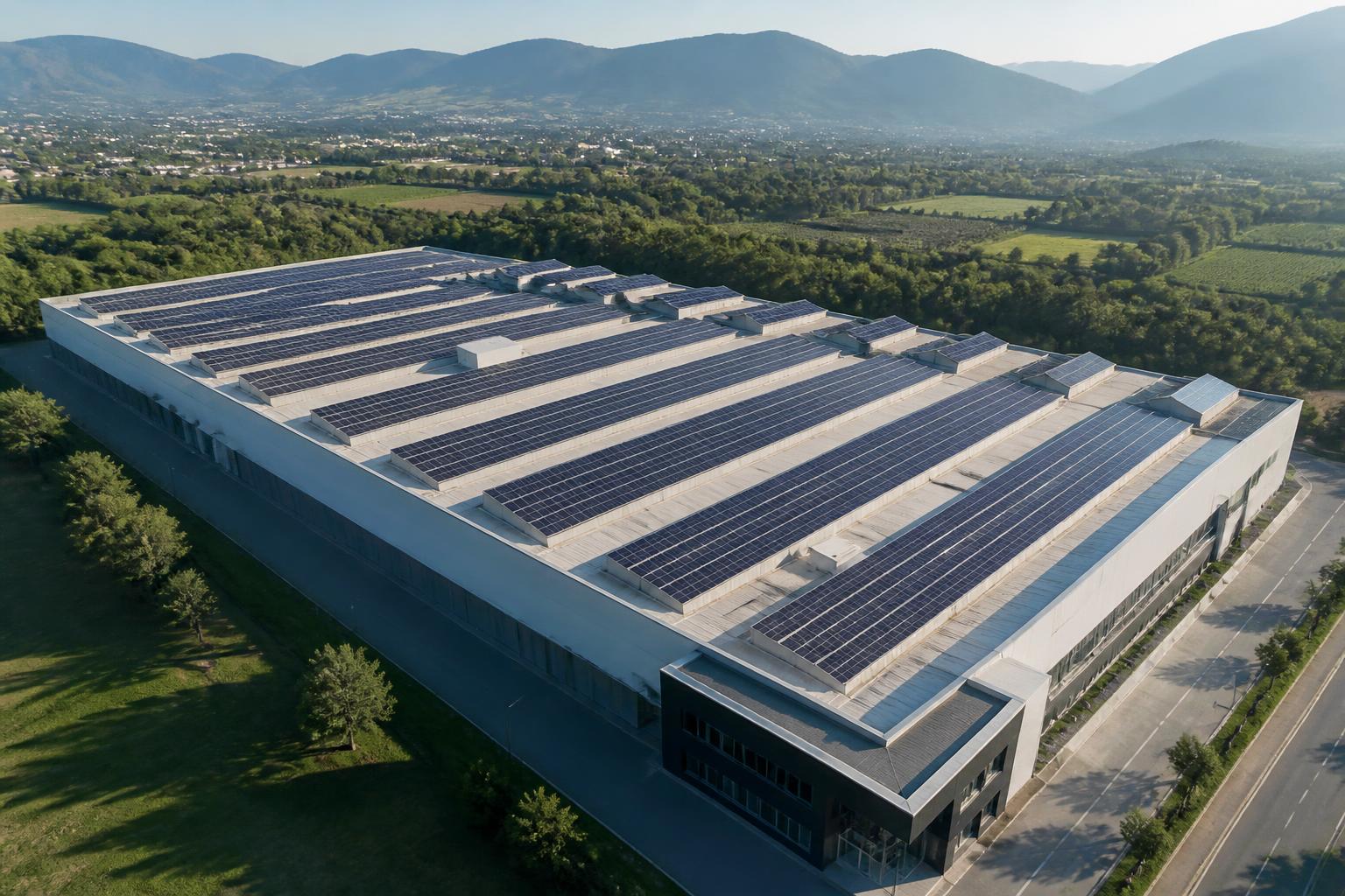 Vista aerea di impianto fotovoltaico su tetto aziendale