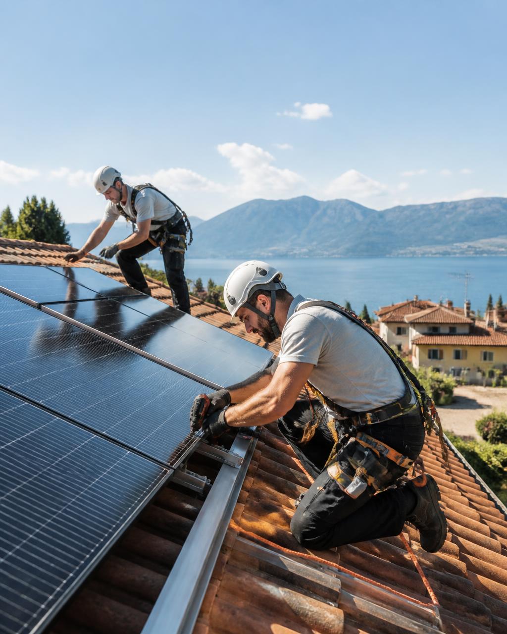 Moduli fotovoltaici installati su un tetto residenziale in tegole