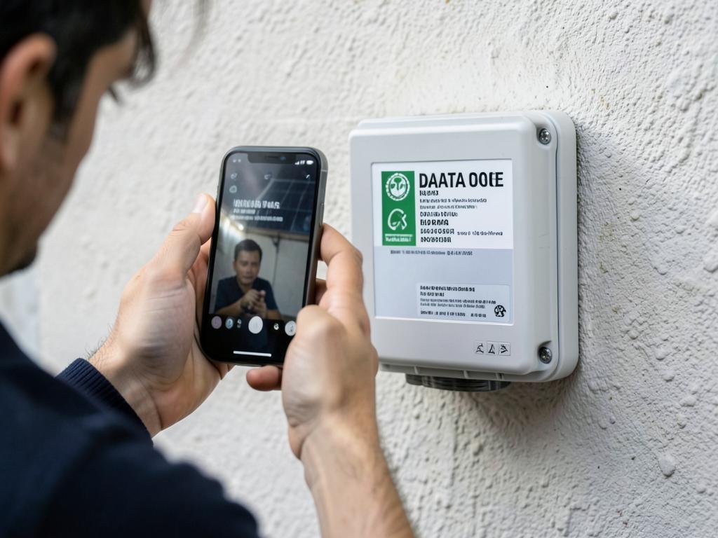 Tecnico che fotografa con lo smartphone l’etichetta dati di un inverter fotovoltaico