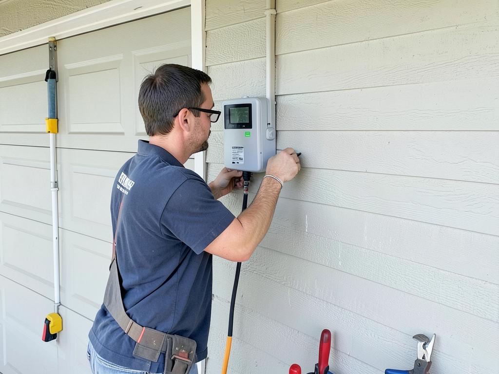 Installatore che monta un nuovo inverter fotovoltaico a parete