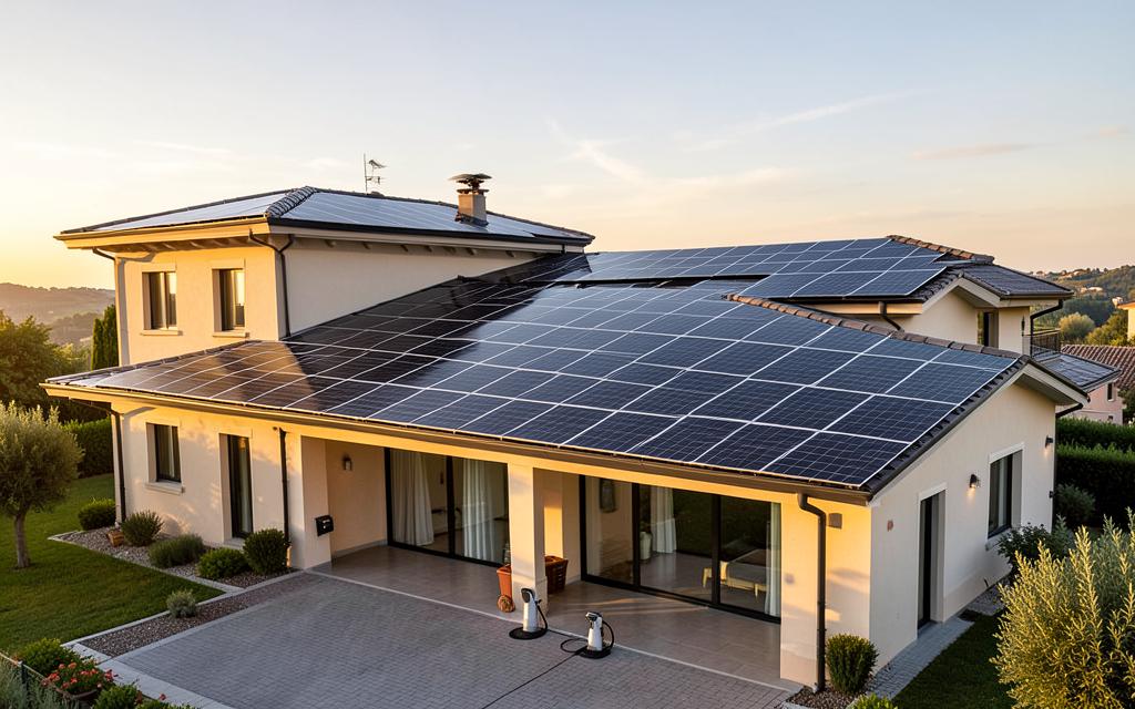 Villa con impianto fotovoltaico esteso e ricarica per auto elettrica