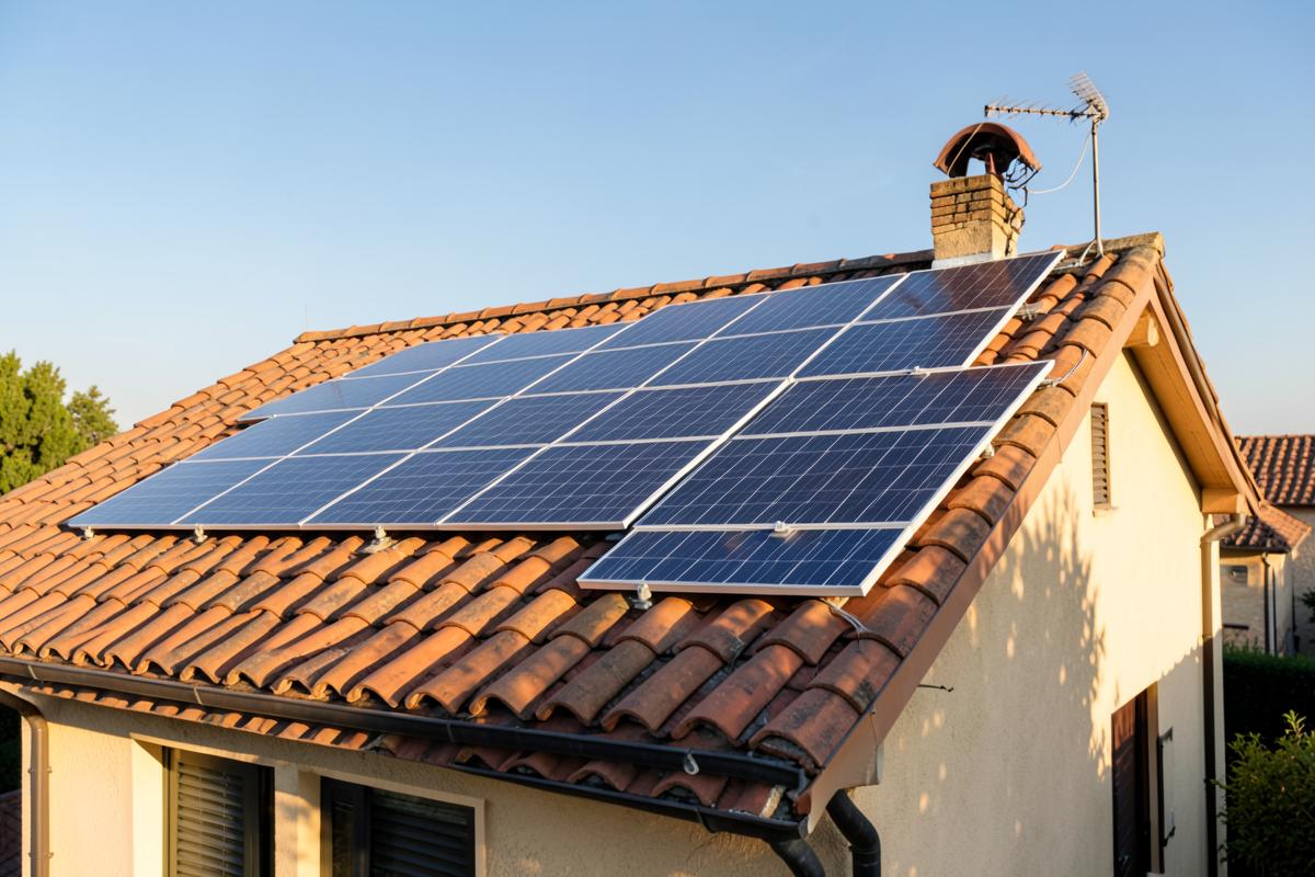 Moduli fotovoltaici installati su un tetto residenziale in tegole