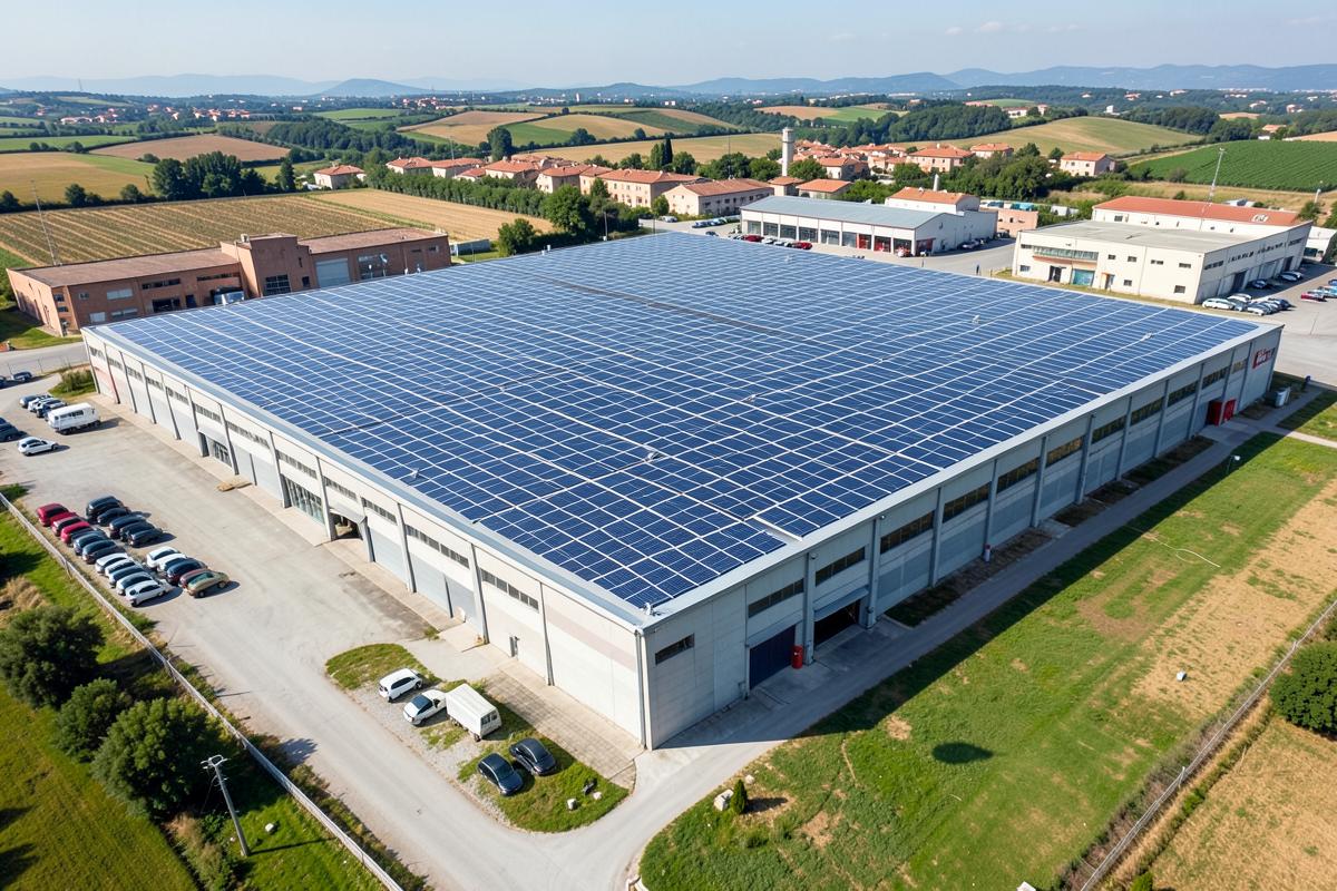 Copertura di un capannone industriale interamente ricoperta da moduli fotovoltaici