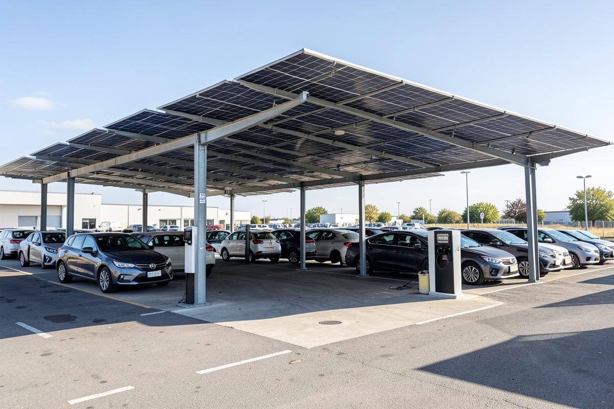 Pensilina fotovoltaica su un parcheggio aziendale con colonnina di ricarica