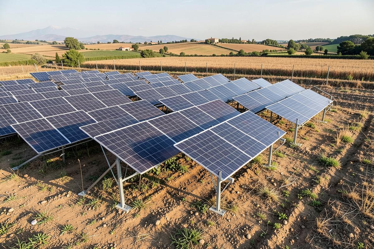 File di moduli fotovoltaici montati su strutture a terra in un'area agricola