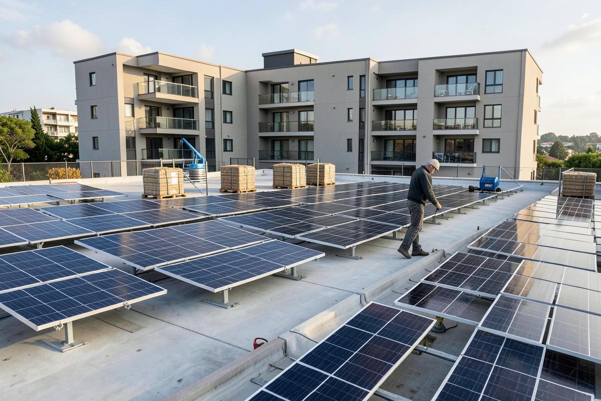 Moduli fotovoltaici su strutture zavorrate sul tetto piano di un condominio