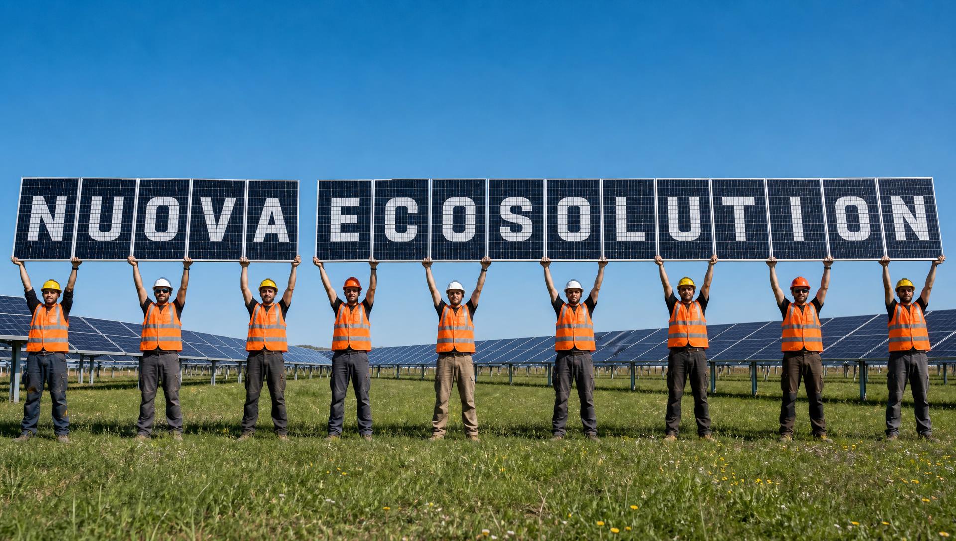Squadra di installatori Nuova Ecosolution con pannelli solari che compongono la scritta del logo