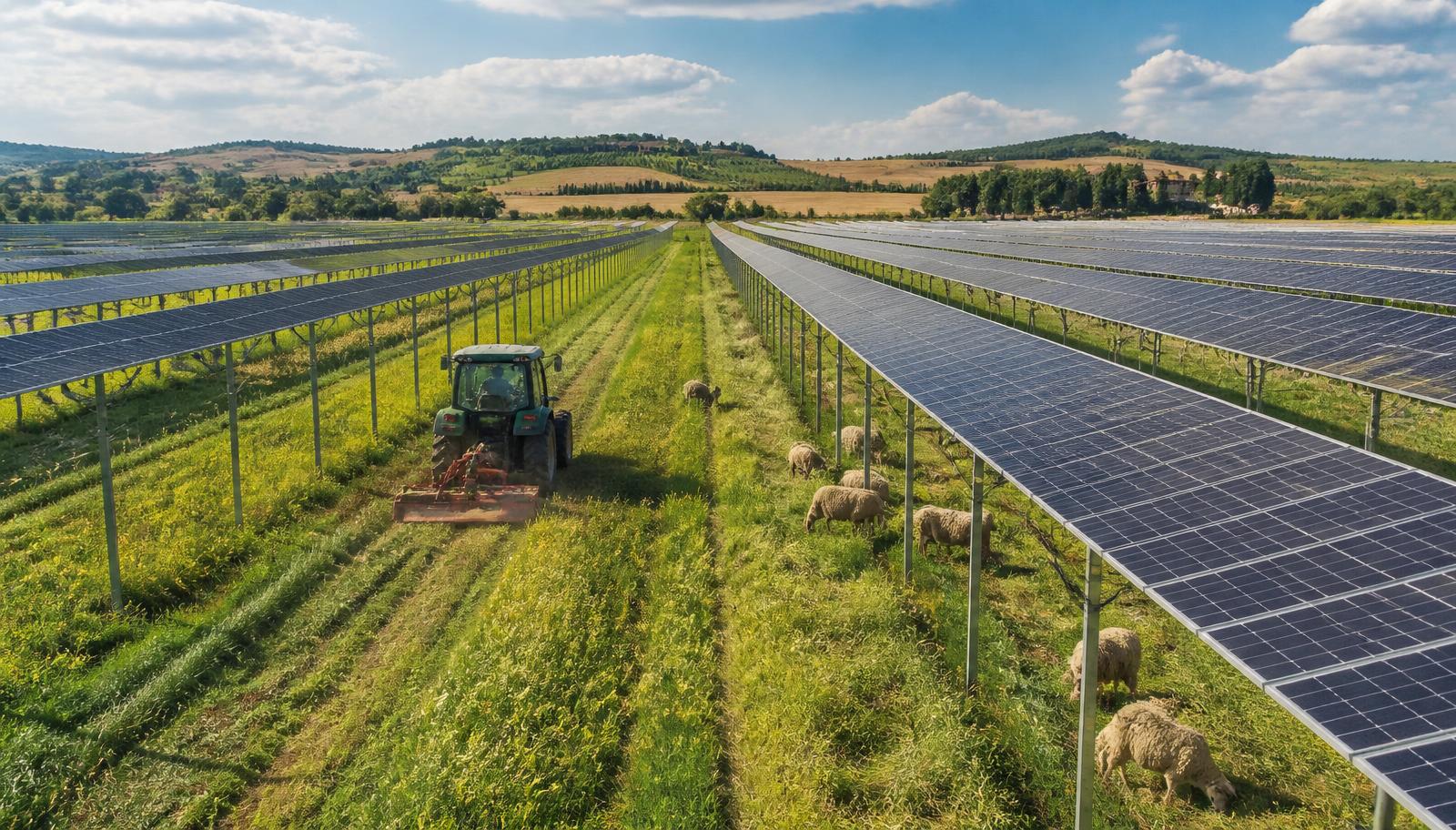 Impianto agrivoltaico con moduli sopraelevati, trattore al lavoro e pecore al pascolo tra le file