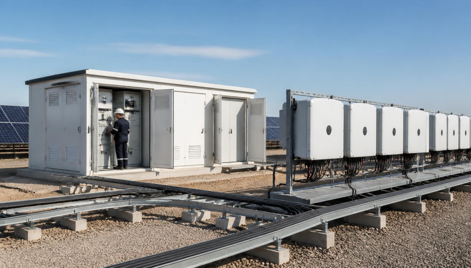 Cabina di trasformazione MT/BT e inverter di stringa in un impianto fotovoltaico a terra