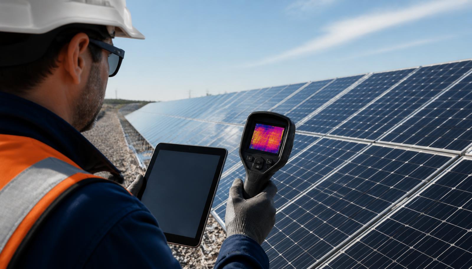 Tecnico con tablet e termocamera durante la manutenzione di un impianto fotovoltaico a terra
