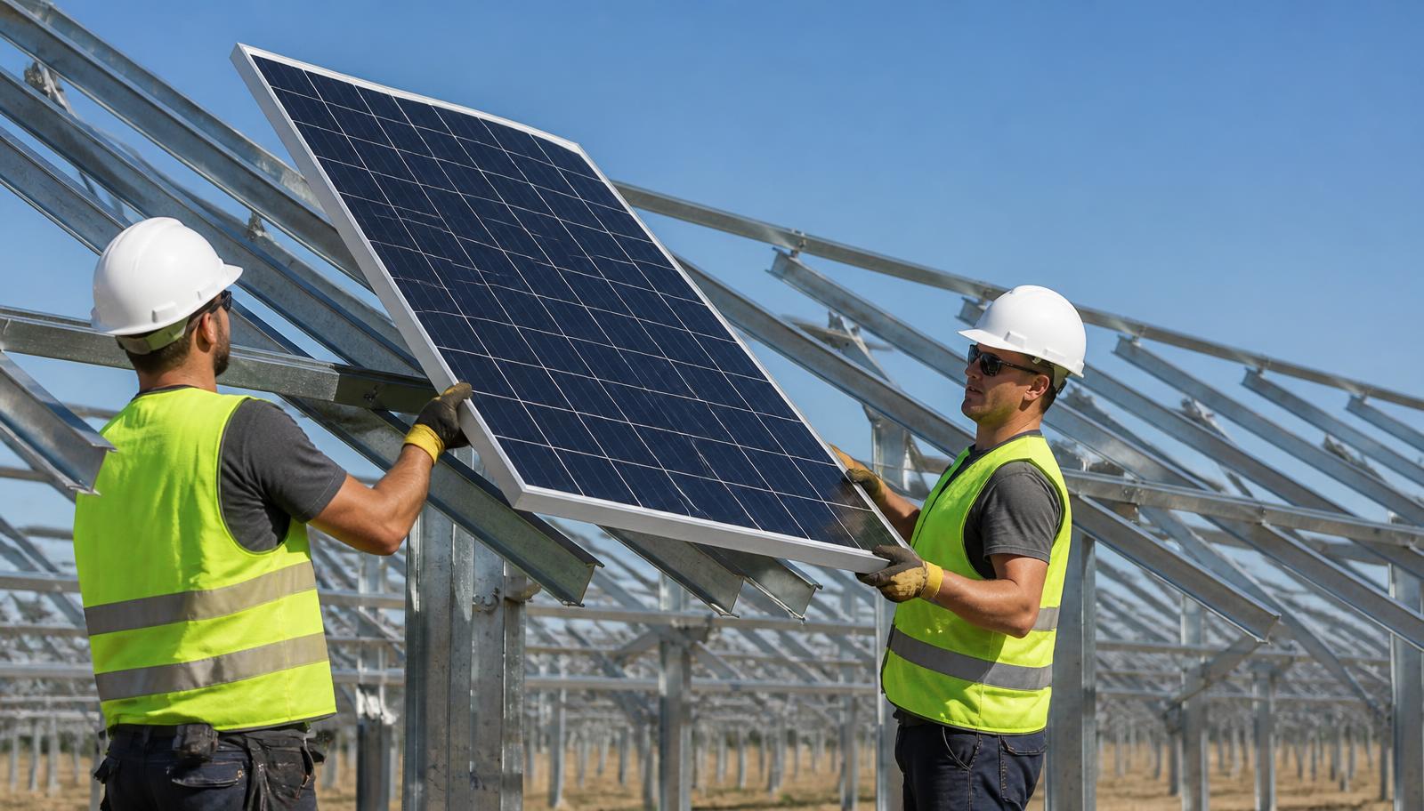 Due operai installano un modulo fotovoltaico su struttura in acciaio zincato in un impianto a terra
