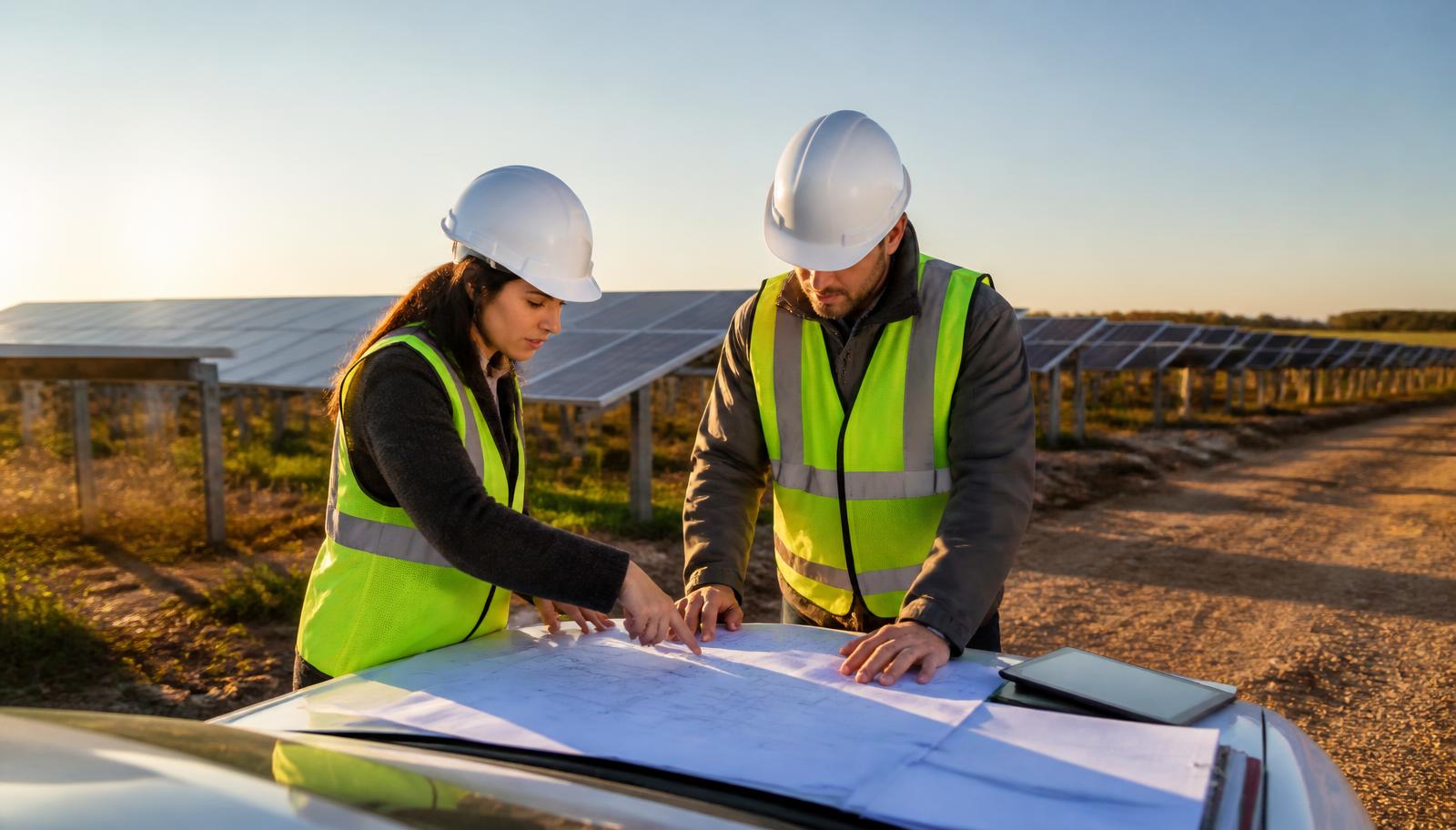 Due tecnici con casco consultano gli elaborati di progetto a bordo campo di un impianto fotovoltaico