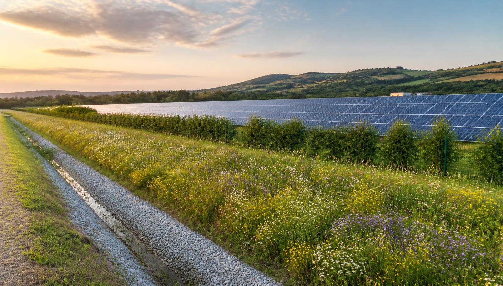 Impianto fotovoltaico a terra integrato nel paesaggio con siepe, prato fiorito e canalina di drenaggio